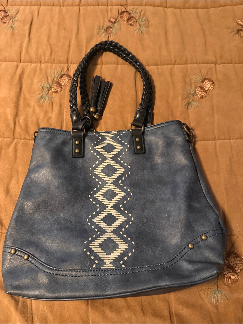 Blue Embroidered Tote Handbag with Braided Handles EUC